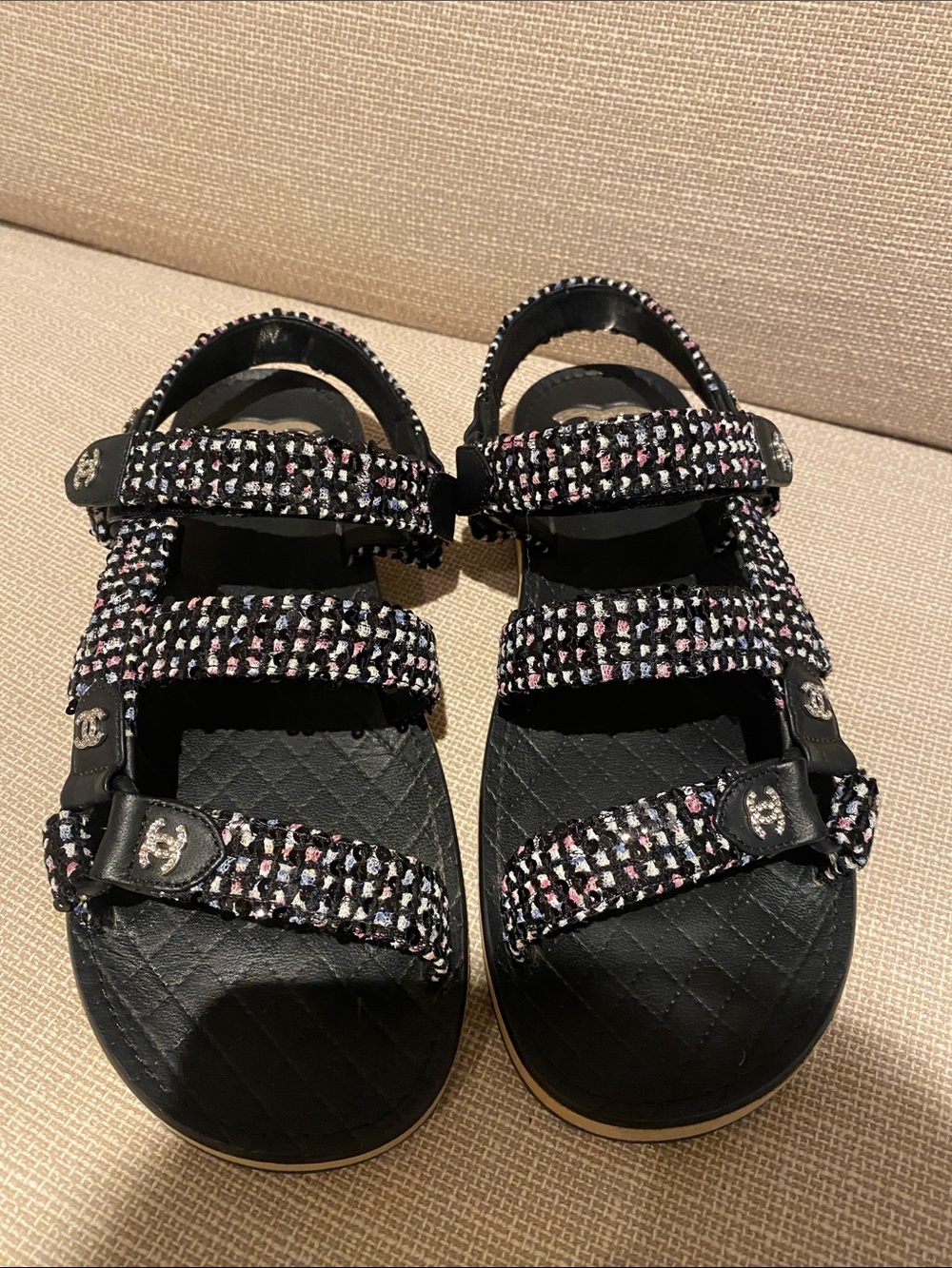 CHANEL Black Quilted Footbed Tweed-Strap Logo Sandals